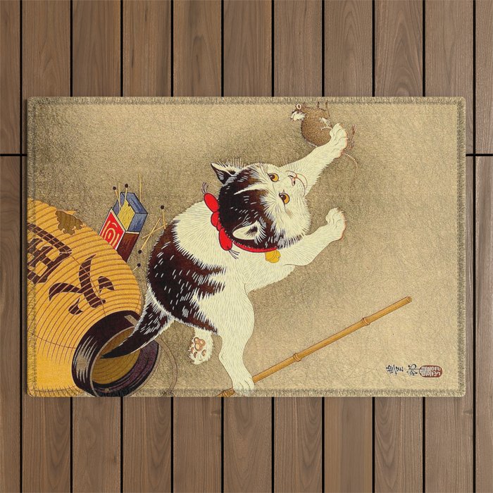 Japanese Woodblock Print Cat Lantern Playful Vintage Art Outdoor Rug Gallery Image 1
