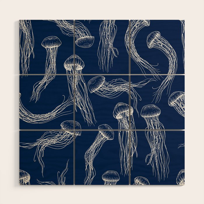 Jellyfish Print - Navy Wood Wall Art Gallery Image 1