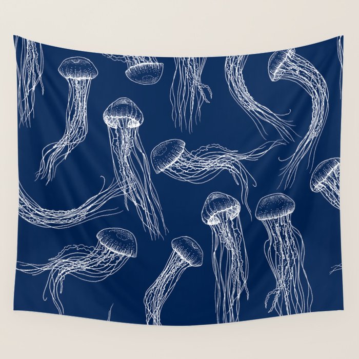 Jellyfish Print - Navy Wall Tapestry Gallery Image 1