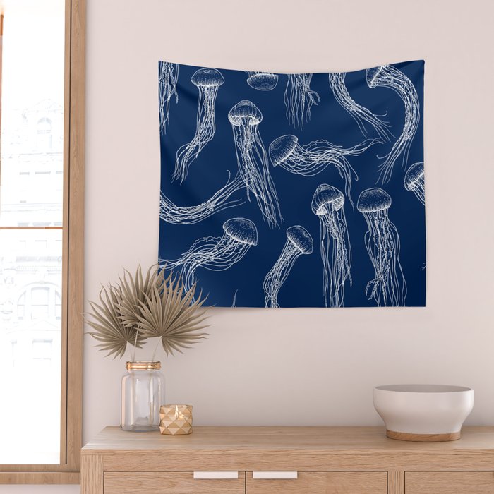 Jellyfish Print - Navy Wall Tapestry Gallery Image 2