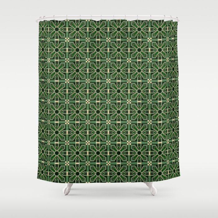 Art Deco Floral Tiles in Emerald Green and Faux Gold Shower Curtain Gallery Image 1