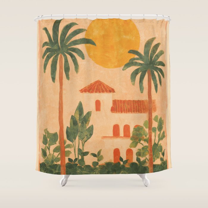 Sun Drenched Casa with Palms Mediterranean Tropical Vibes Shower Curtain Gallery Image 1