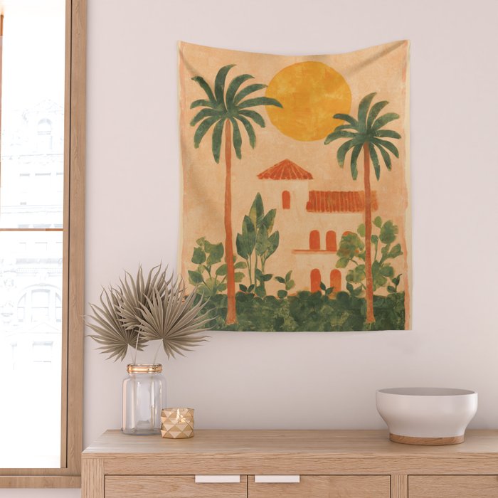 Sun Drenched Casa with Palms Mediterranean Tropical Vibes Wall Tapestry Gallery Image 2