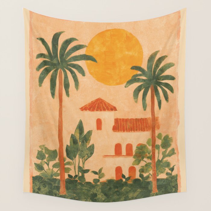 Sun Drenched Casa with Palms Mediterranean Tropical Vibes Wall Tapestry Gallery Image 1