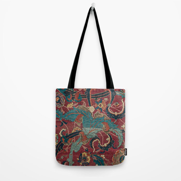 Flowery Arabic Rug I // 17th Century Colorful Plum Red Light Teal Sapphire Navy Blue Ornate Pattern Tote Bag Gallery Image 2