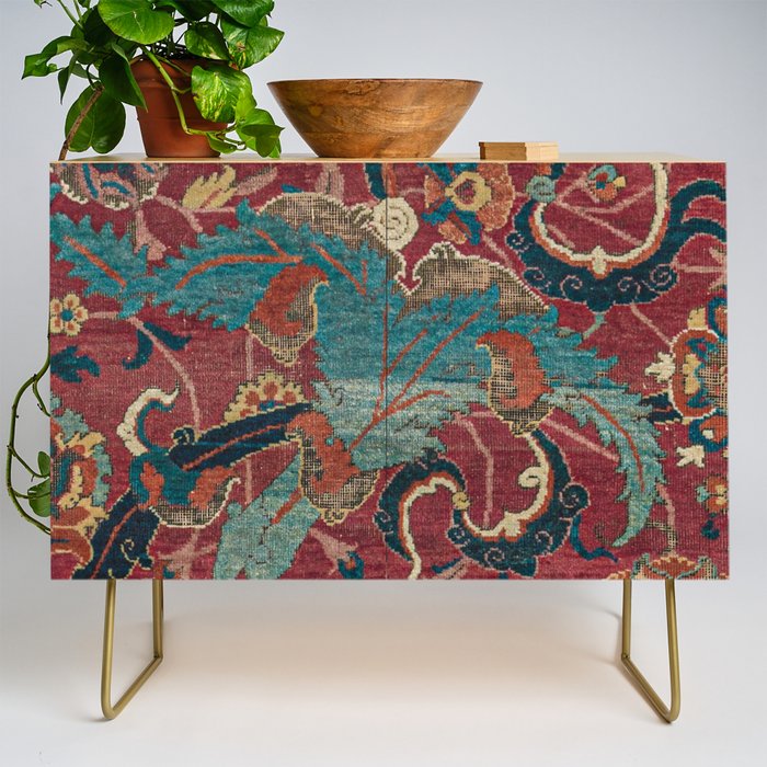 Flowery Arabic Rug I // 17th Century Colorful Plum Red Light Teal Sapphire Navy Blue Ornate Pattern Credenza Gallery Image 1