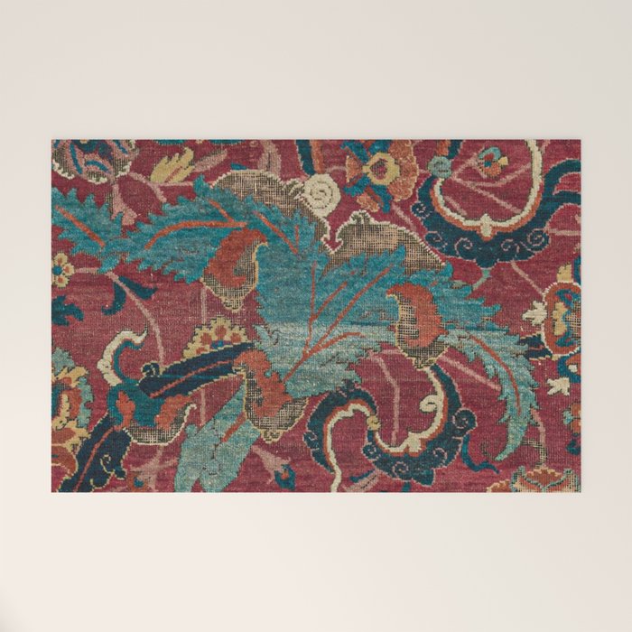 Flowery Arabic Rug I // 17th Century Colorful Plum Red Light Teal Sapphire Navy Blue Ornate Pattern Welcome Mat Gallery Image 1