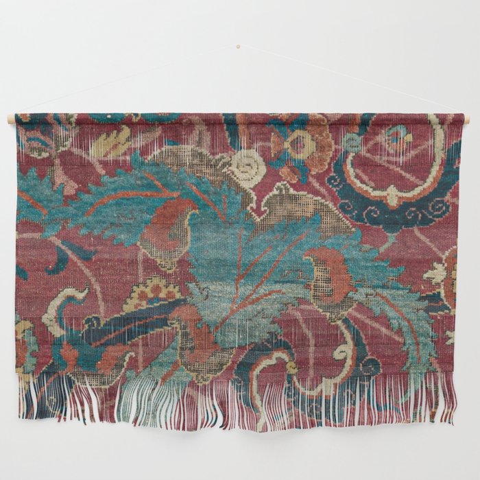 Flowery Arabic Rug I // 17th Century Colorful Plum Red Light Teal Sapphire Navy Blue Ornate Pattern Wall Hanging