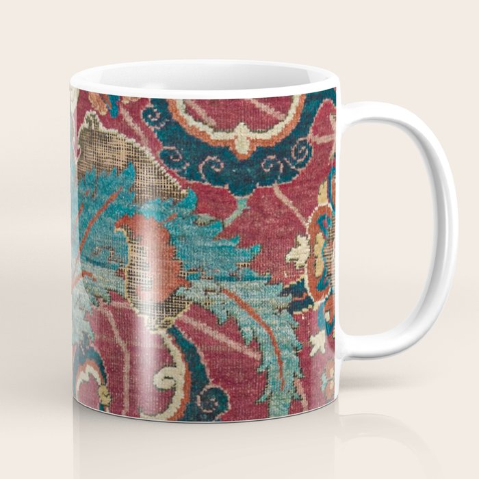Flowery Arabic Rug I // 17th Century Colorful Plum Red Light Teal Sapphire Navy Blue Ornate Pattern Coffee Mug Gallery Image 1