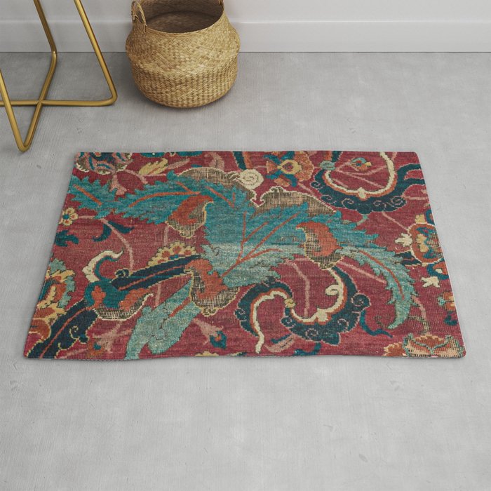 Flowery Arabic Rug I // 17th Century Colorful Plum Red Light Teal Sapphire Navy Blue Ornate Pattern Rug Gallery Image 1