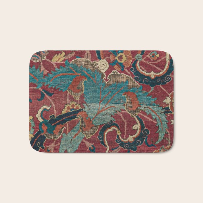 Flowery Arabic Rug I // 17th Century Colorful Plum Red Light Teal Sapphire Navy Blue Ornate Pattern Bath Mat Gallery Image 1