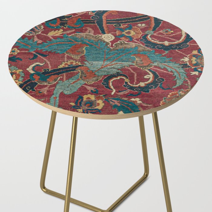 Flowery Arabic Rug I // 17th Century Colorful Plum Red Light Teal Sapphire Navy Blue Ornate Pattern Side Table Gallery Image 2