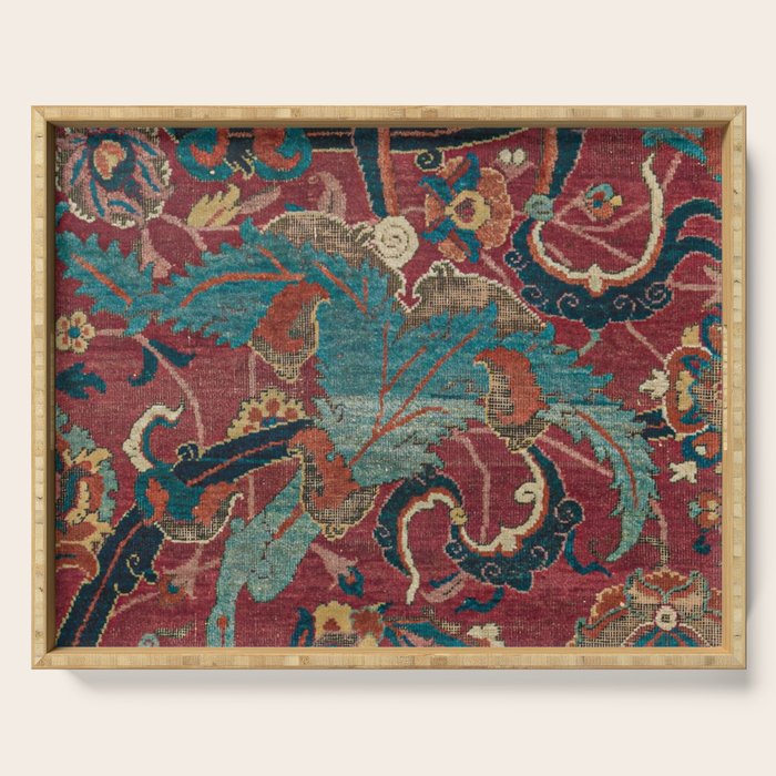 Flowery Arabic Rug I // 17th Century Colorful Plum Red Light Teal Sapphire Navy Blue Ornate Pattern Serving Tray Gallery Image 1