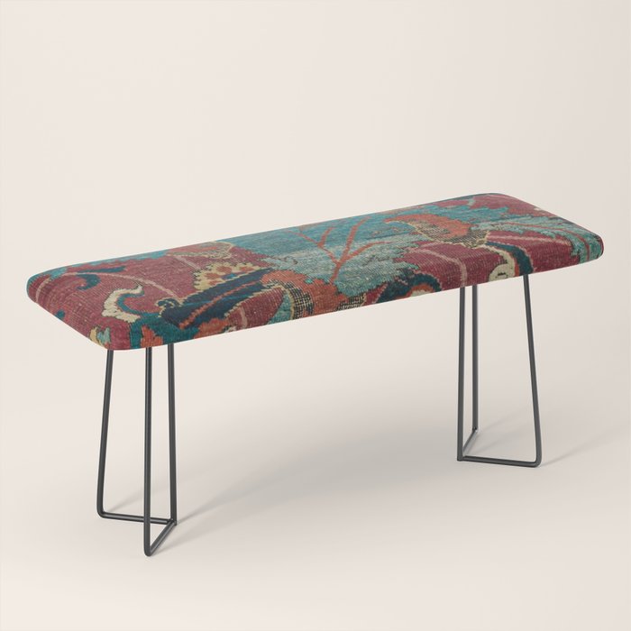 Flowery Arabic Rug I // 17th Century Colorful Plum Red Light Teal Sapphire Navy Blue Ornate Pattern Bench Gallery Image 1