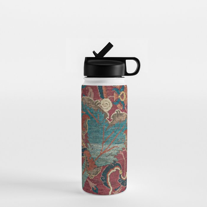 Flowery Arabic Rug I // 17th Century Colorful Plum Red Light Teal Sapphire Navy Blue Ornate Pattern Water Bottle Gallery Image 1