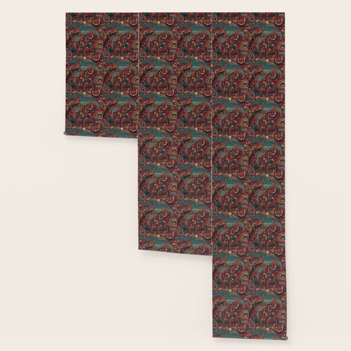 Flowery Arabic Rug I // 17th Century Colorful Plum Red Light Teal Sapphire Navy Blue Ornate Pattern Wallpaper Gallery Image 3