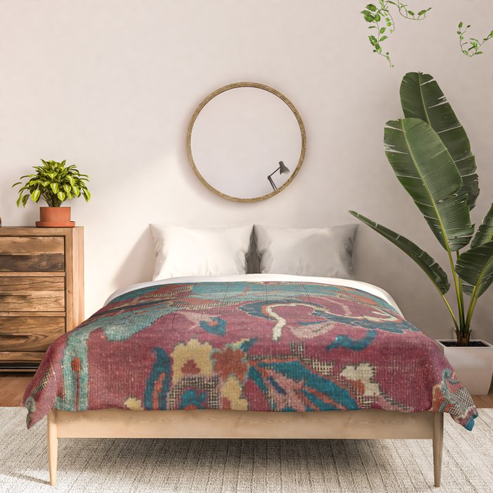 Flowery Arabic Rug I // 17th Century Colorful Plum Red Light Teal Sapphire Navy Blue Ornate Pattern Comforter Gallery Image 3