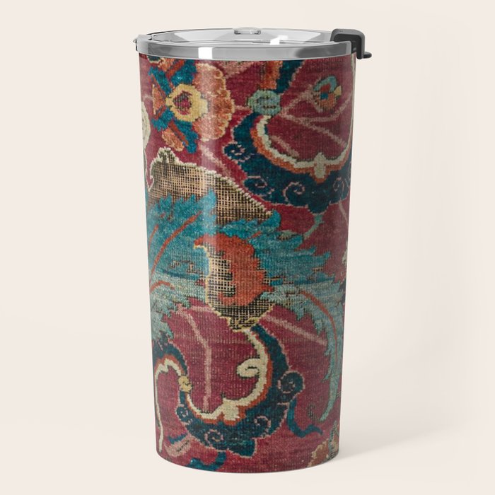 Flowery Arabic Rug I // 17th Century Colorful Plum Red Light Teal Sapphire Navy Blue Ornate Pattern Travel Mug Gallery Image 2