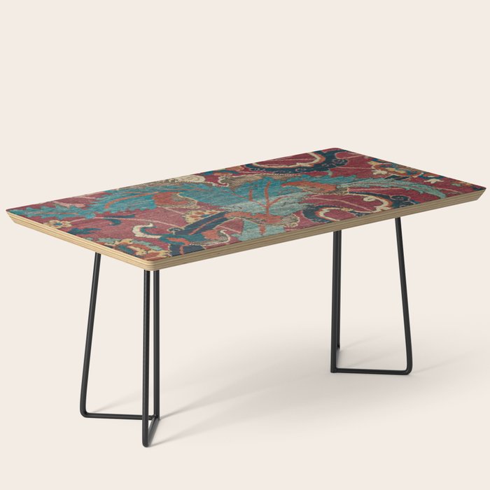 Flowery Arabic Rug I // 17th Century Colorful Plum Red Light Teal Sapphire Navy Blue Ornate Pattern Coffee Table Gallery Image 1
