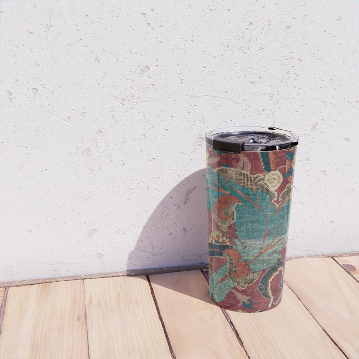 Flowery Arabic Rug I // 17th Century Colorful Plum Red Light Teal Sapphire Navy Blue Ornate Pattern Travel Mug Gallery Image 4