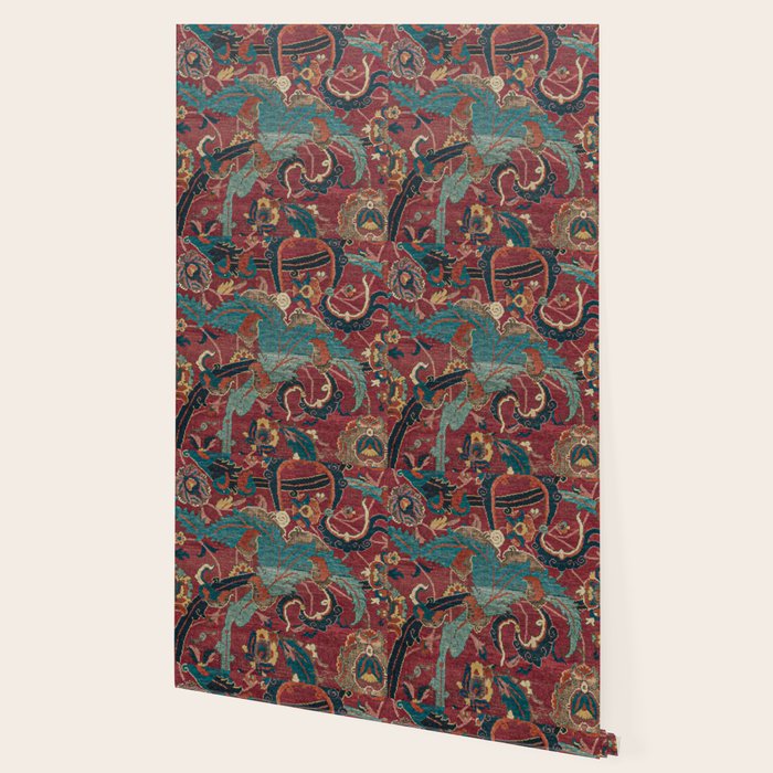 Flowery Arabic Rug I // 17th Century Colorful Plum Red Light Teal Sapphire Navy Blue Ornate Pattern Wallpaper Gallery Image 2
