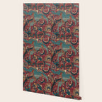 Flowery Arabic Rug I // 17th Century Colorful Plum Red Light Teal Sapphire Navy Blue Ornate Pattern Wallpaper Gallery Image 2