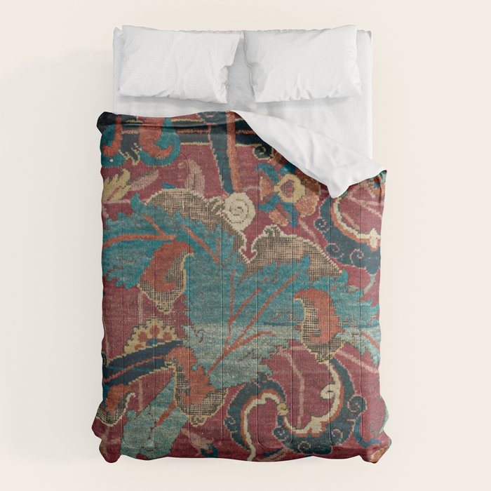 Flowery Arabic Rug I // 17th Century Colorful Plum Red Light Teal Sapphire Navy Blue Ornate Pattern Comforter Gallery Image 6