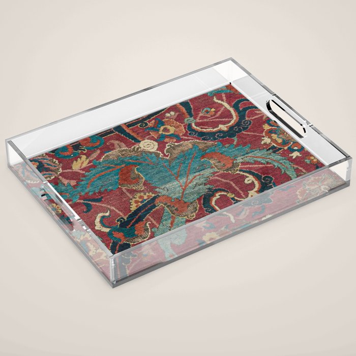 Flowery Arabic Rug I // 17th Century Colorful Plum Red Light Teal Sapphire Navy Blue Ornate Pattern Acrylic Tray Gallery Image 1