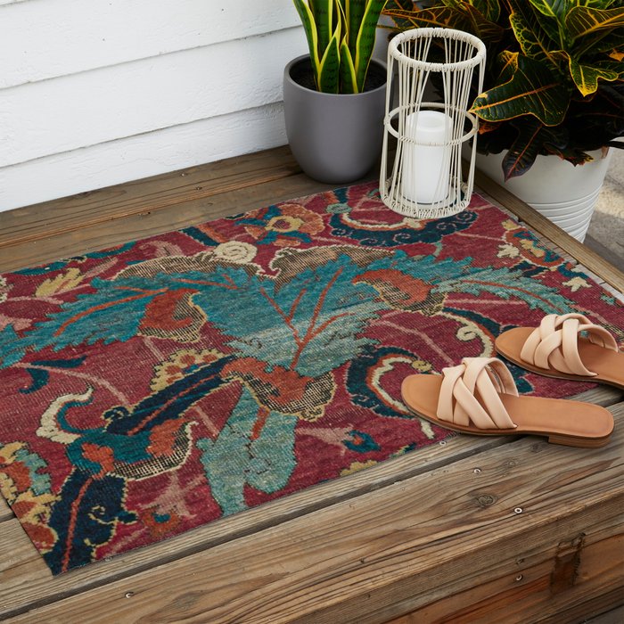 Flowery Arabic Rug I // 17th Century Colorful Plum Red Light Teal Sapphire Navy Blue Ornate Pattern Outdoor Rug Gallery Image 2