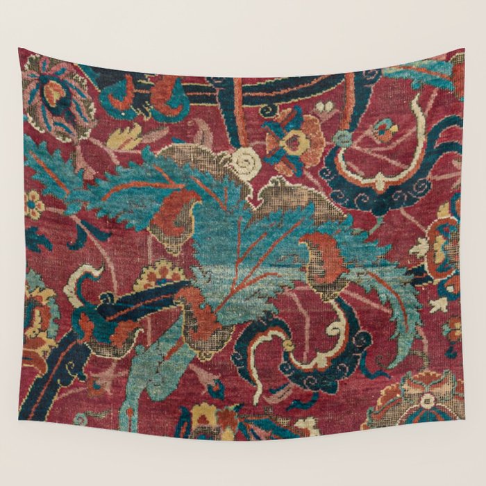 Flowery Arabic Rug I // 17th Century Colorful Plum Red Light Teal Sapphire Navy Blue Ornate Pattern Wall Tapestry Gallery Image 4