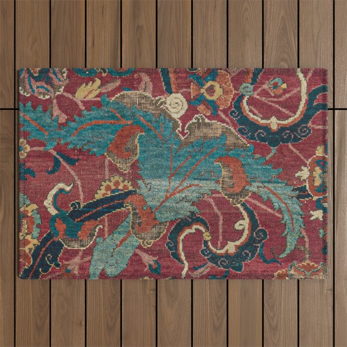 Flowery Arabic Rug I // 17th Century Colorful Plum Red Light Teal Sapphire Navy Blue Ornate Pattern Outdoor Rug Gallery Image 1