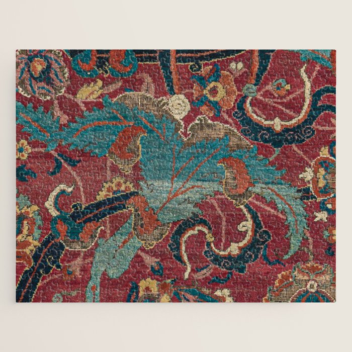 Flowery Arabic Rug I // 17th Century Colorful Plum Red Light Teal Sapphire Navy Blue Ornate Pattern Jigsaw Puzzle Gallery Image 1