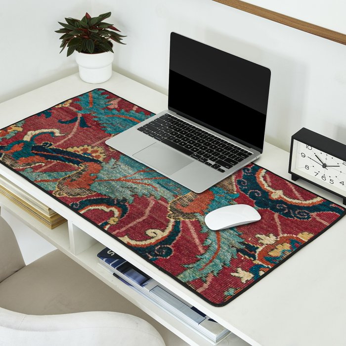Flowery Arabic Rug I // 17th Century Colorful Plum Red Light Teal Sapphire Navy Blue Ornate Pattern Desk Mat Gallery Image 2