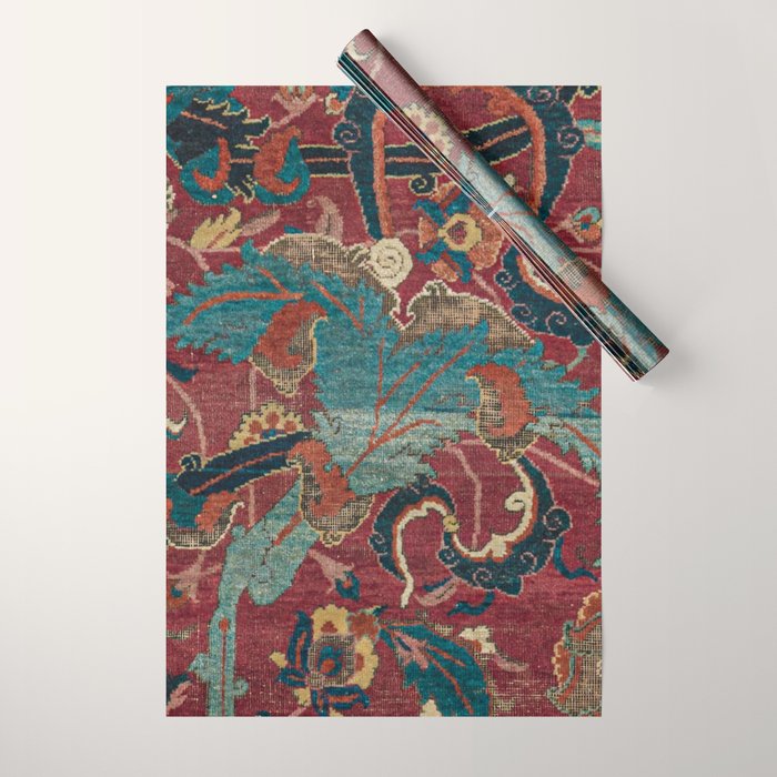 Flowery Arabic Rug I // 17th Century Colorful Plum Red Light Teal Sapphire Navy Blue Ornate Pattern Wrapping Paper Gallery Image 1