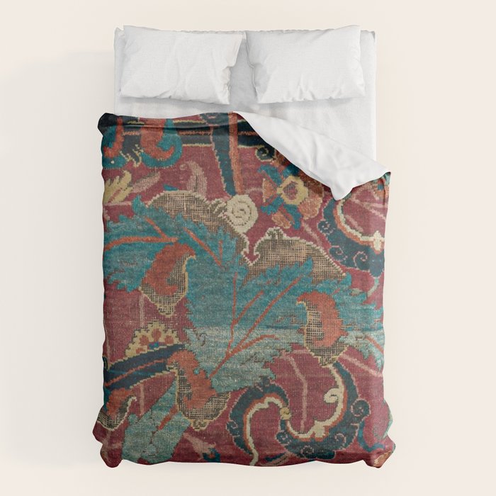 Flowery Arabic Rug I // 17th Century Colorful Plum Red Light Teal Sapphire Navy Blue Ornate Pattern Duvet Cover Gallery Image 1