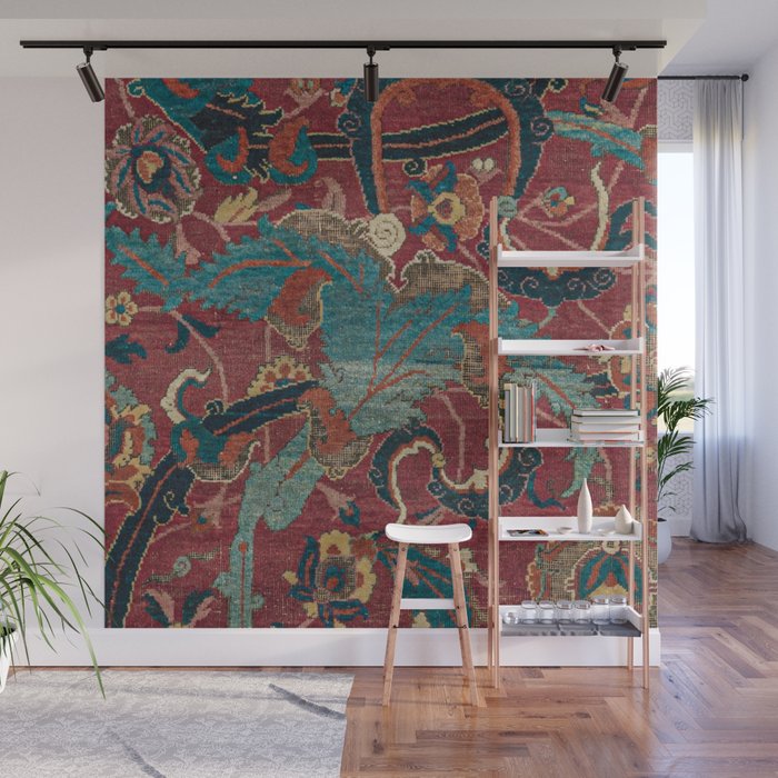 Flowery Arabic Rug I // 17th Century Colorful Plum Red Light Teal Sapphire Navy Blue Ornate Pattern Wall Mural Gallery Image 1