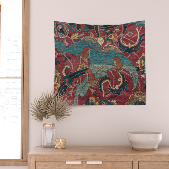 Flowery Arabic Rug I // 17th Century Colorful Plum Red Light Teal Sapphire Navy Blue Ornate Pattern Wall Tapestry Gallery Image 2