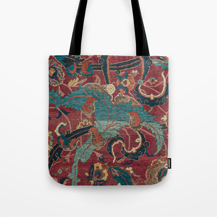 Flowery Arabic Rug I // 17th Century Colorful Plum Red Light Teal Sapphire Navy Blue Ornate Pattern Tote Bag Gallery Image 1