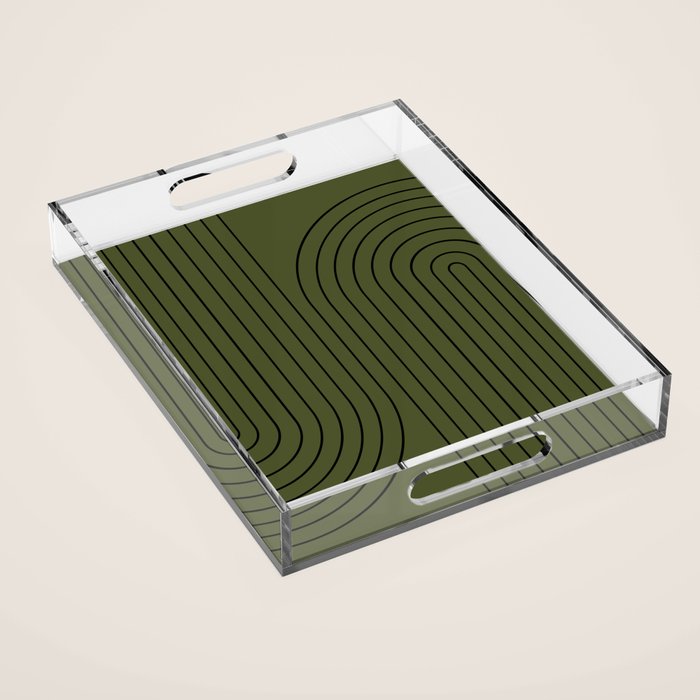 Minimal Line Curvature XVIII Dark Green Mid Century Modern Arch Abstract Acrylic Tray Gallery Image 1