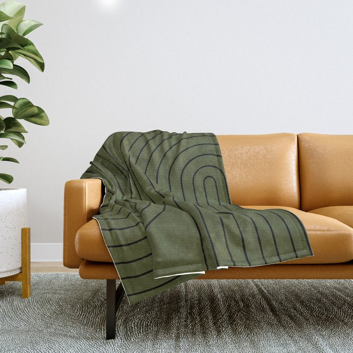 Minimal Line Curvature XVIII Dark Green Mid Century Modern Arch Abstract Throw Blanket Gallery Image 1