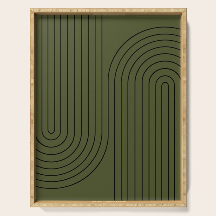 Minimal Line Curvature XVIII Dark Green Mid Century Modern Arch Abstract Serving Tray Gallery Image 1