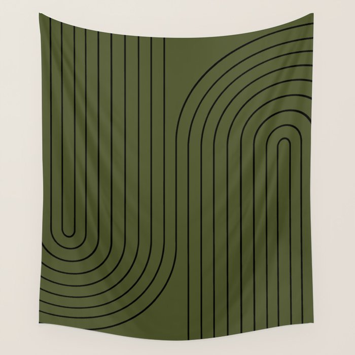 Minimal Line Curvature XVIII Dark Green Mid Century Modern Arch Abstract Wall Tapestry Gallery Image 4
