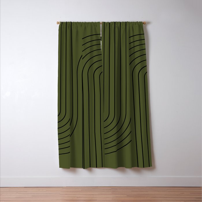 Minimal Line Curvature XVIII Dark Green Mid Century Modern Arch Abstract Window Curtain Gallery Image 3