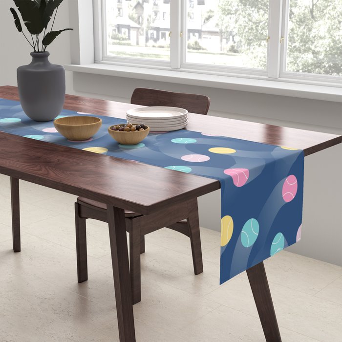 Colorful pastel tennis balls over blue background pattern Table Runner Gallery Image 2