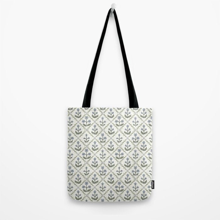 Lattice Block Print Floral - Blue Green Tote Bag Gallery Image 2