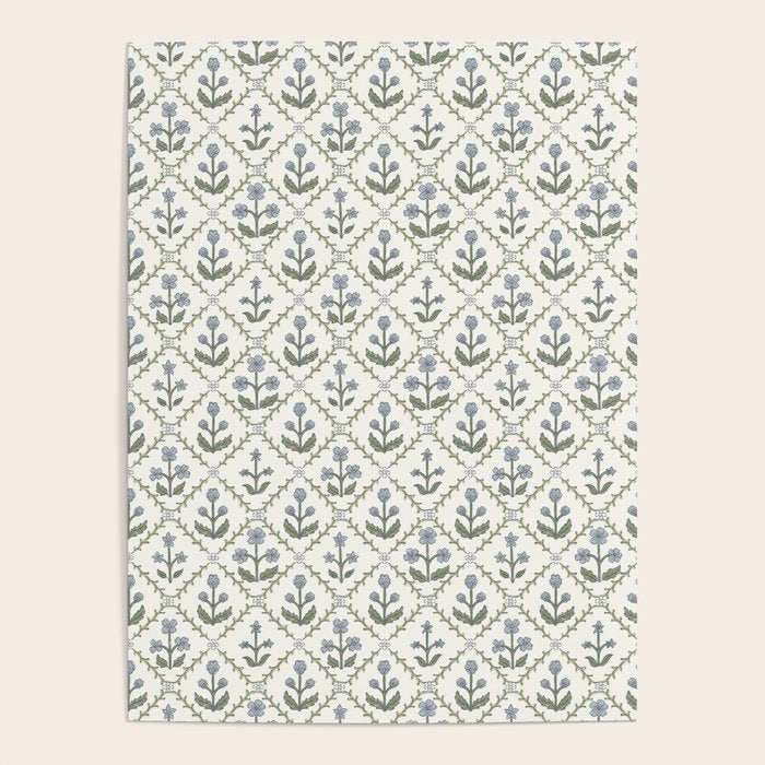 Lattice Block Print Floral - Blue Green Poster Gallery Image 4