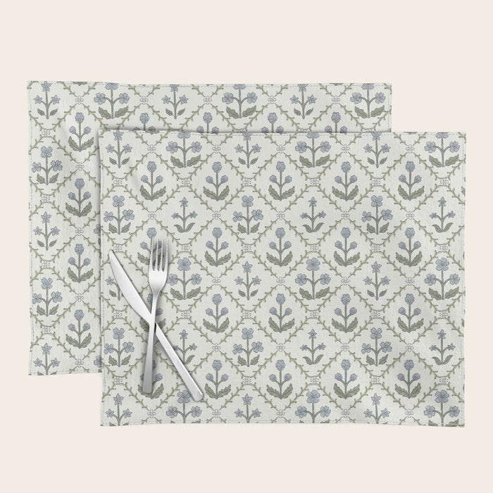 Lattice Block Print Floral - Blue Green Placemat Gallery Image 1
