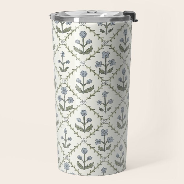Lattice Block Print Floral - Blue Green Travel Mug Gallery Image 2