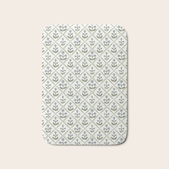 Lattice Block Print Floral - Blue Green Bath Mat Gallery Image 1