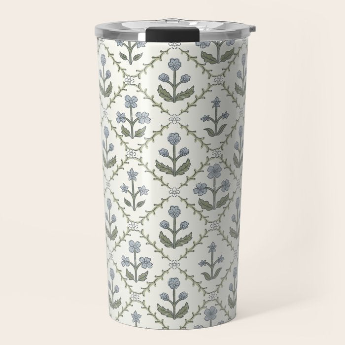 Lattice Block Print Floral - Blue Green Travel Mug Gallery Image 1